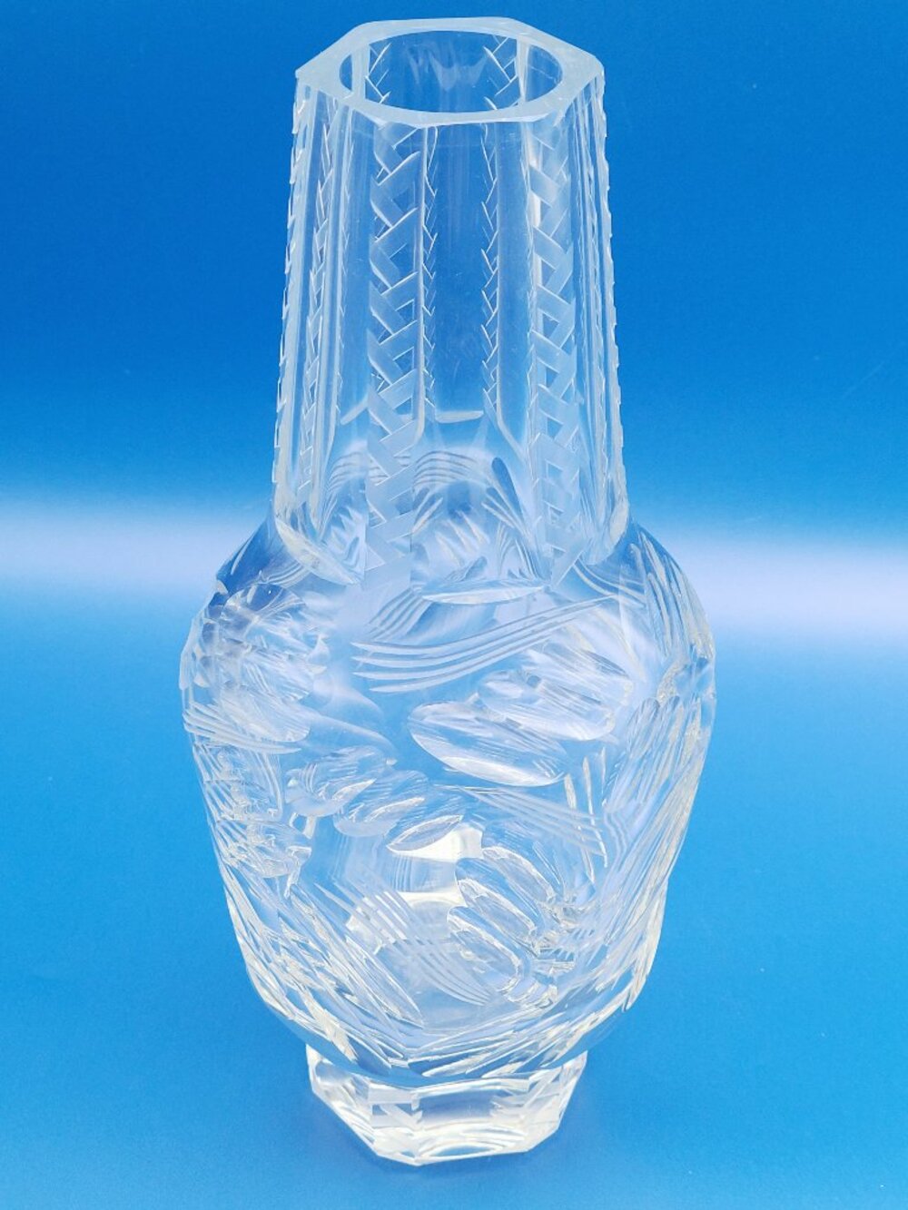 Unique Vintage Art Deco MCM Style Cut Crystal Vase 9" High
